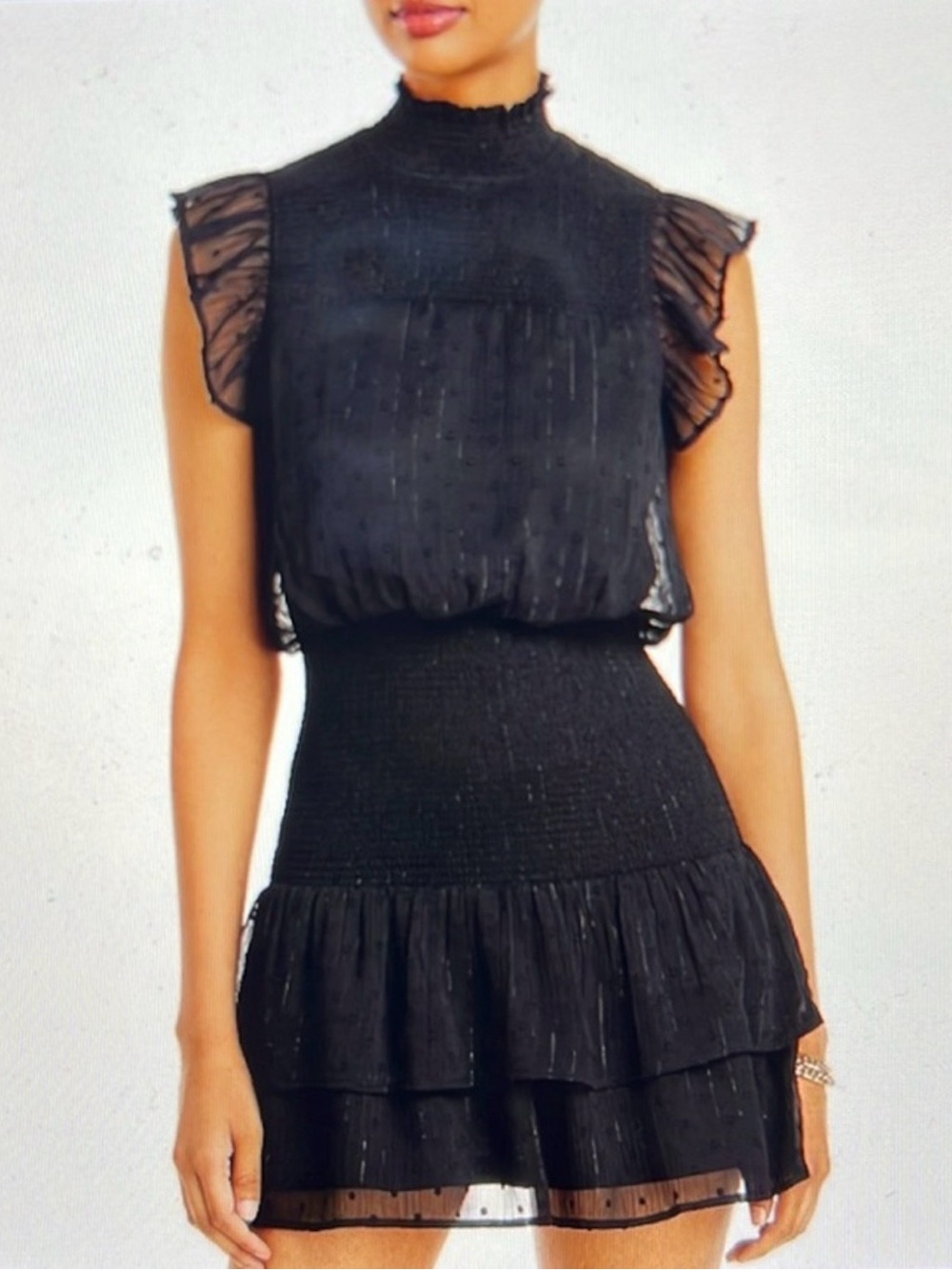 Aqua Swiss Dot Ruffle High-Neck Sleeveless Mini Dress with Metallic Accents Sz S